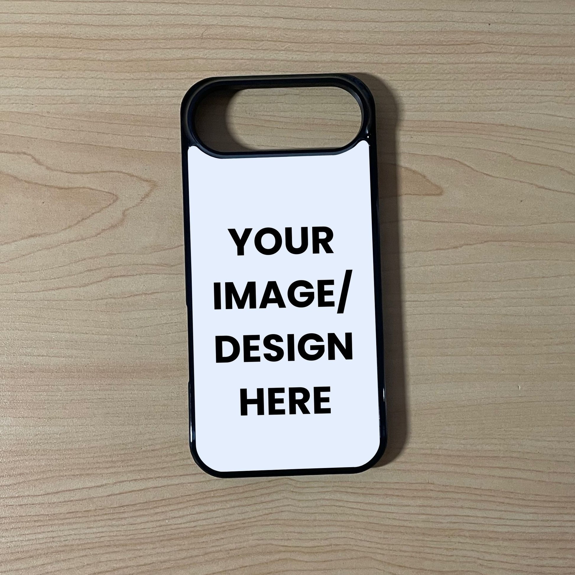 Custom phone case for the iPhone 17 Air showing image placement on a wooden surface.