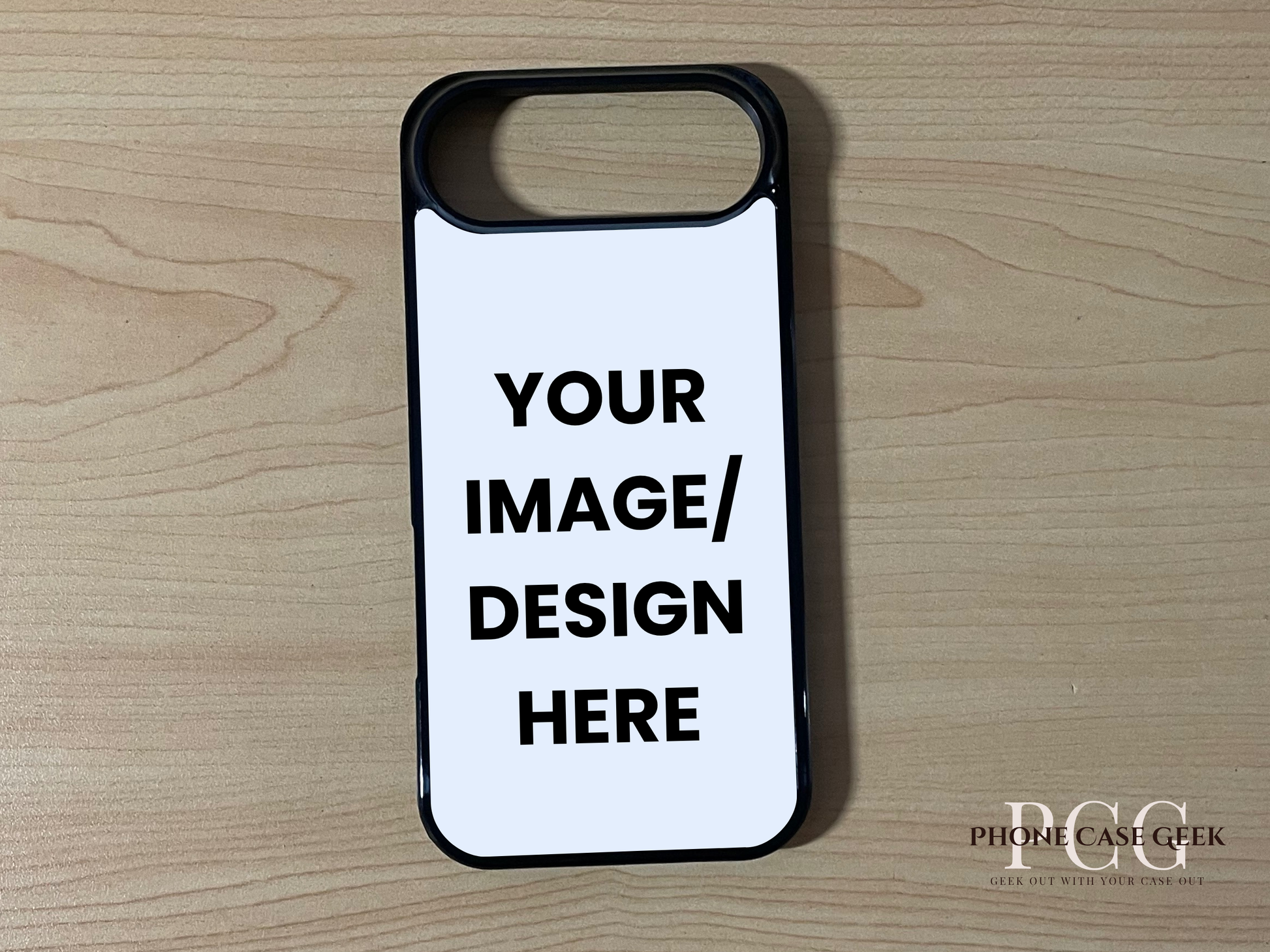 Custom phone case for the iPhone 17 Air showing image placement on a wooden surface.