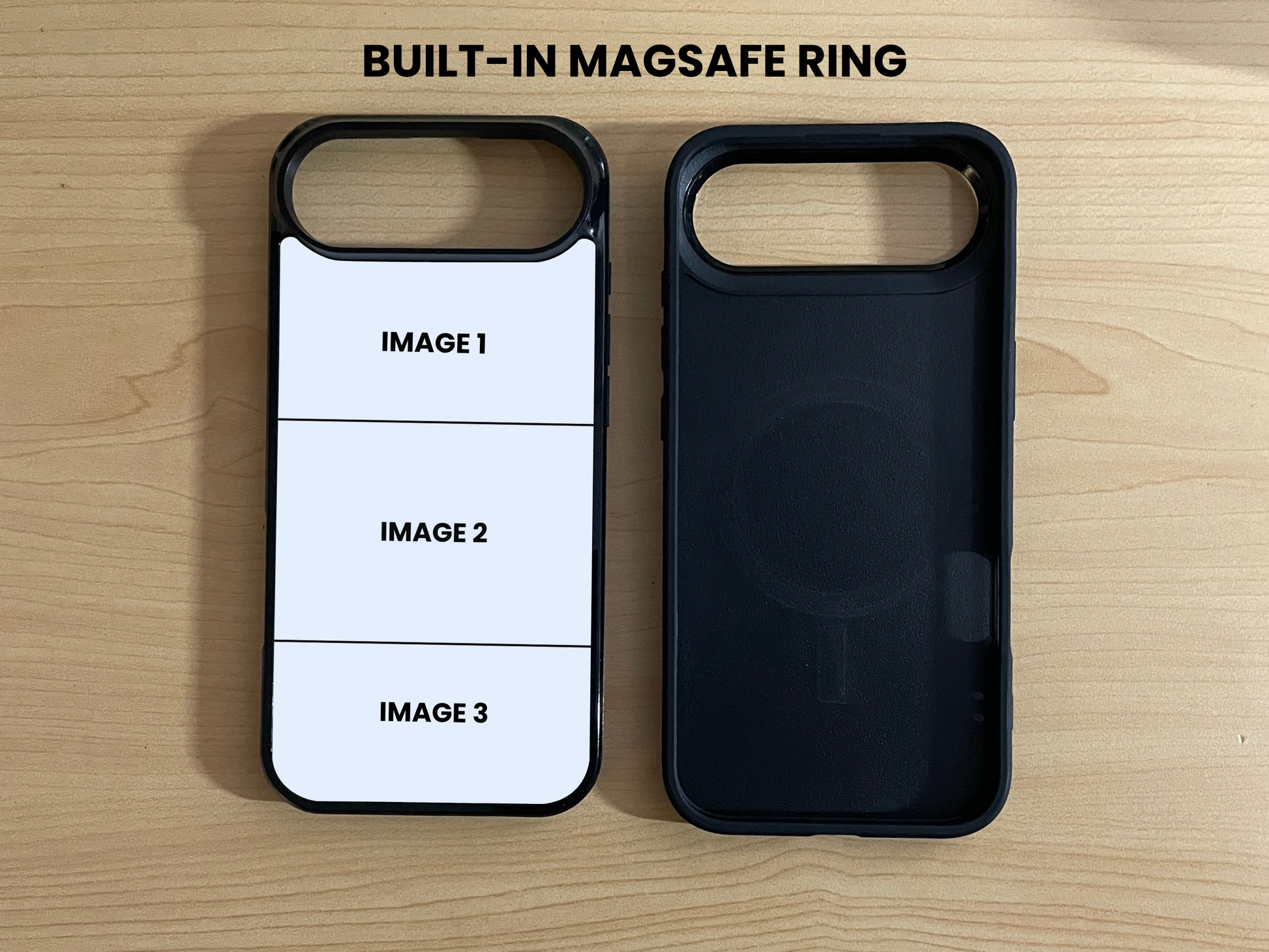 Two custom iPhone 17 Air cases, one showing customizing of 3 photo collage placements, and one showing a built-in MagSafe ring on a wooden surface.