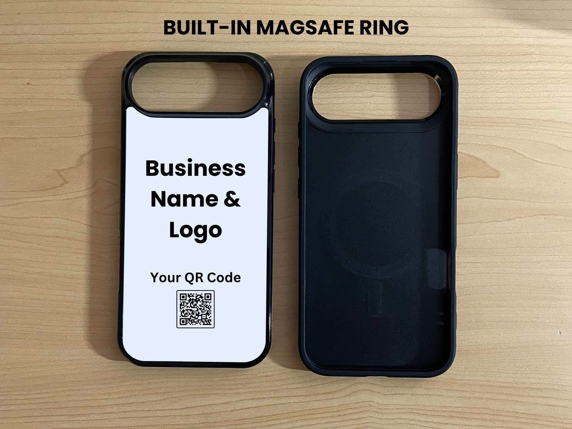 Two custom iPhone 17 Air cases, one showing business branding with a QR code, and one showing a built-in MagSafe ring on a wooden surface.