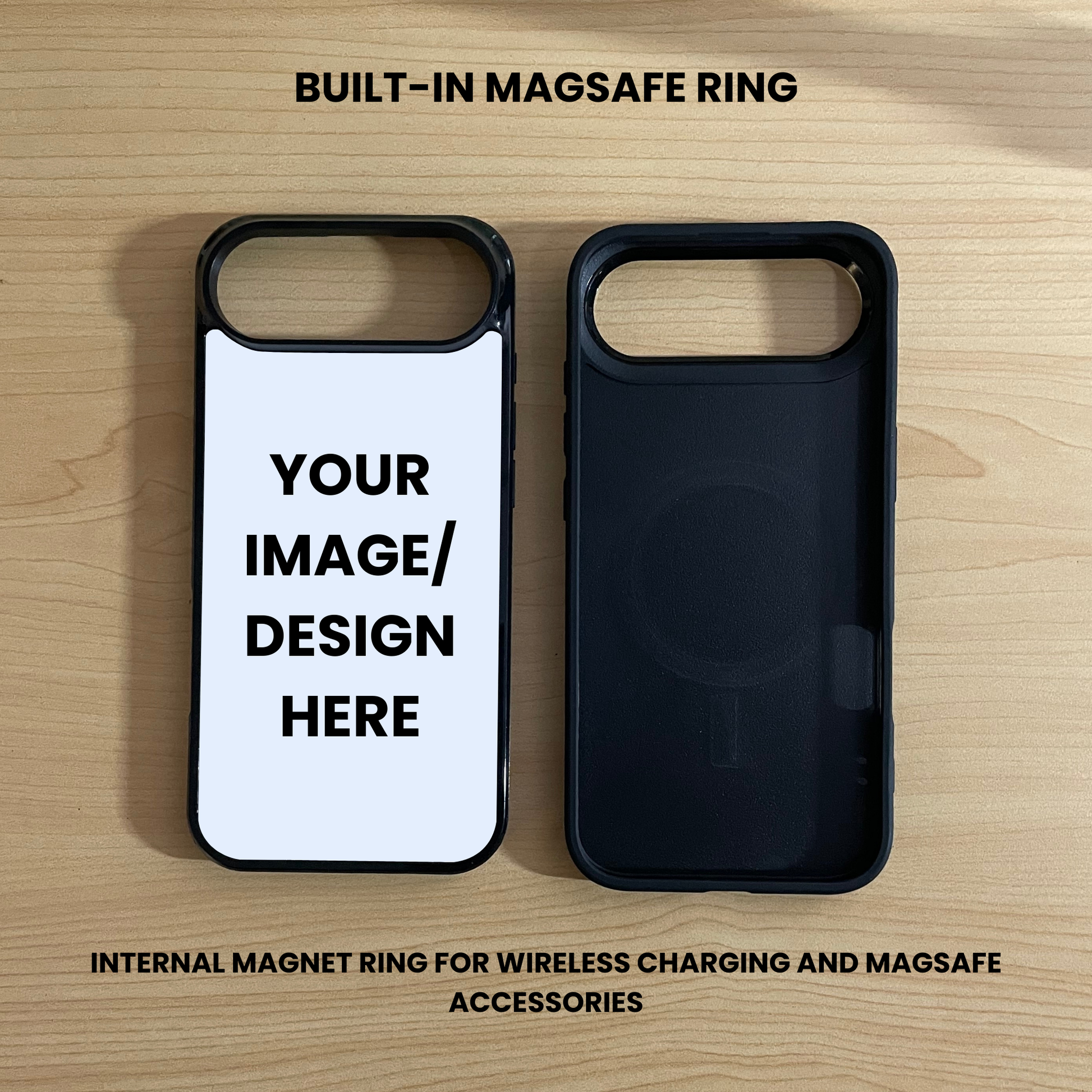 Two custom iPhone 17 Air cases, one showing customizing are "Your image / design here", and one showing a built-in MagSafe ring on a wooden surface.