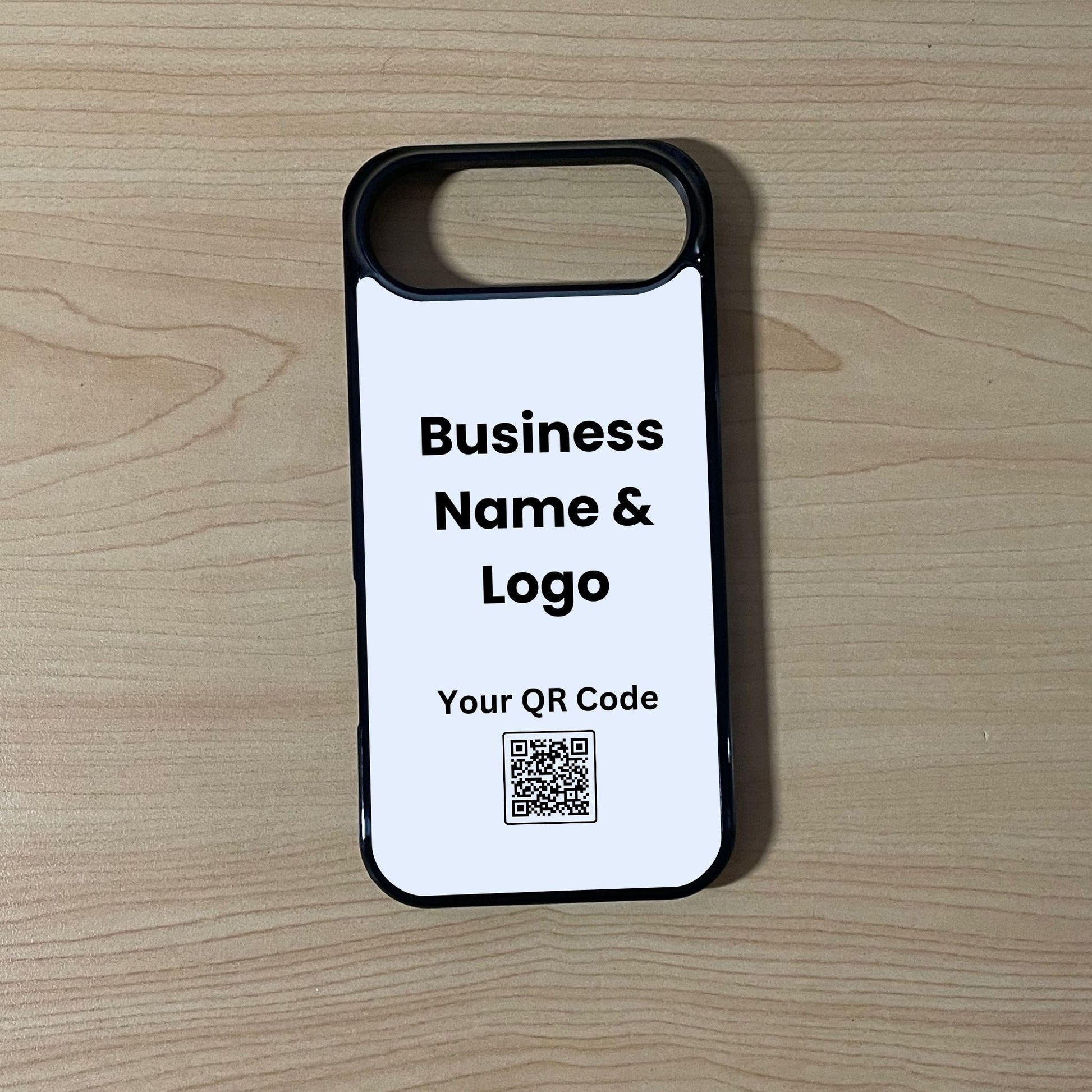 Custom phone case for the iPhone 17 Air showing qr code and business logo placement on a wooden surface.
