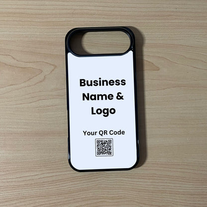 Custom phone case for the iPhone 17 Air showing qr code and business logo placement on a wooden surface.