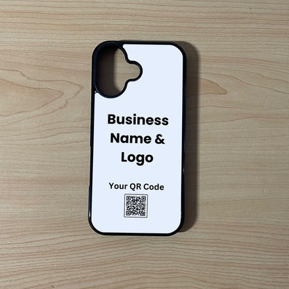 Custom phone case for the iPhone 17 showing qr code and business logo placement on a wooden surface.