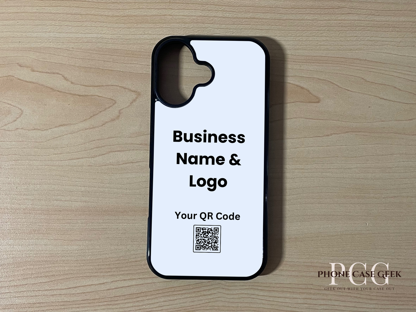 Custom phone case for the iPhone 17 showing qr code and business logo placement on a wooden surface.