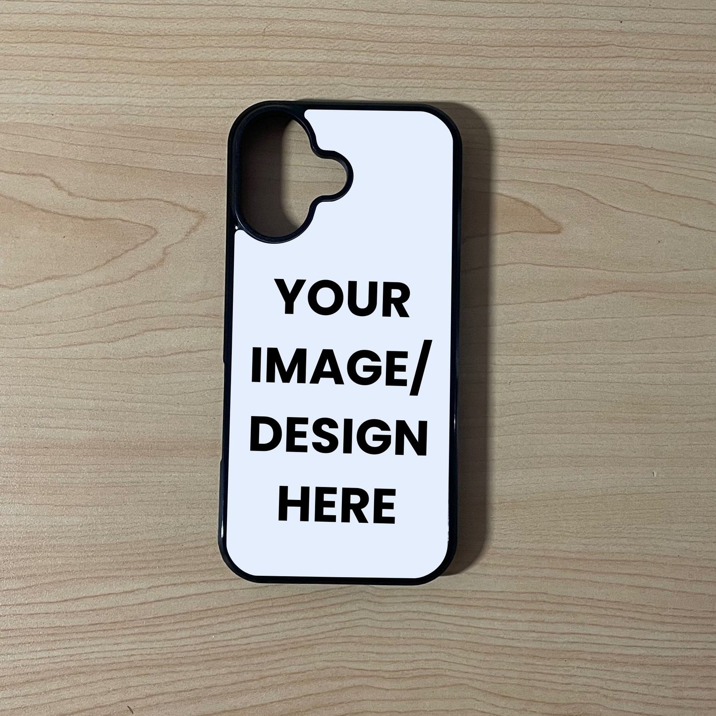 Custom phone case for the iPhone 17 showing image placement on a wooden surface.