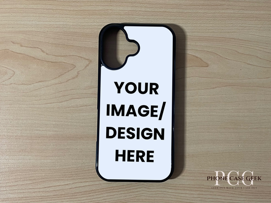 Custom phone case for the iPhone 17 showing image placement on a wooden surface.