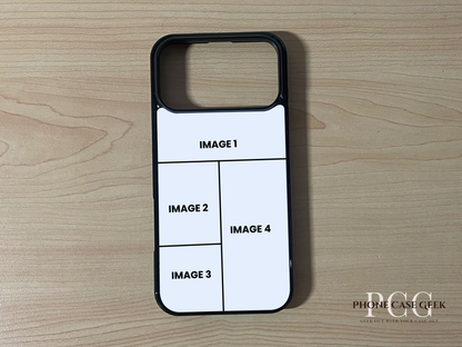 Custom phone case for the iPhone 17 Pro and 17 Pro Max showing 4 photo collage photo placement on a wooden surface.