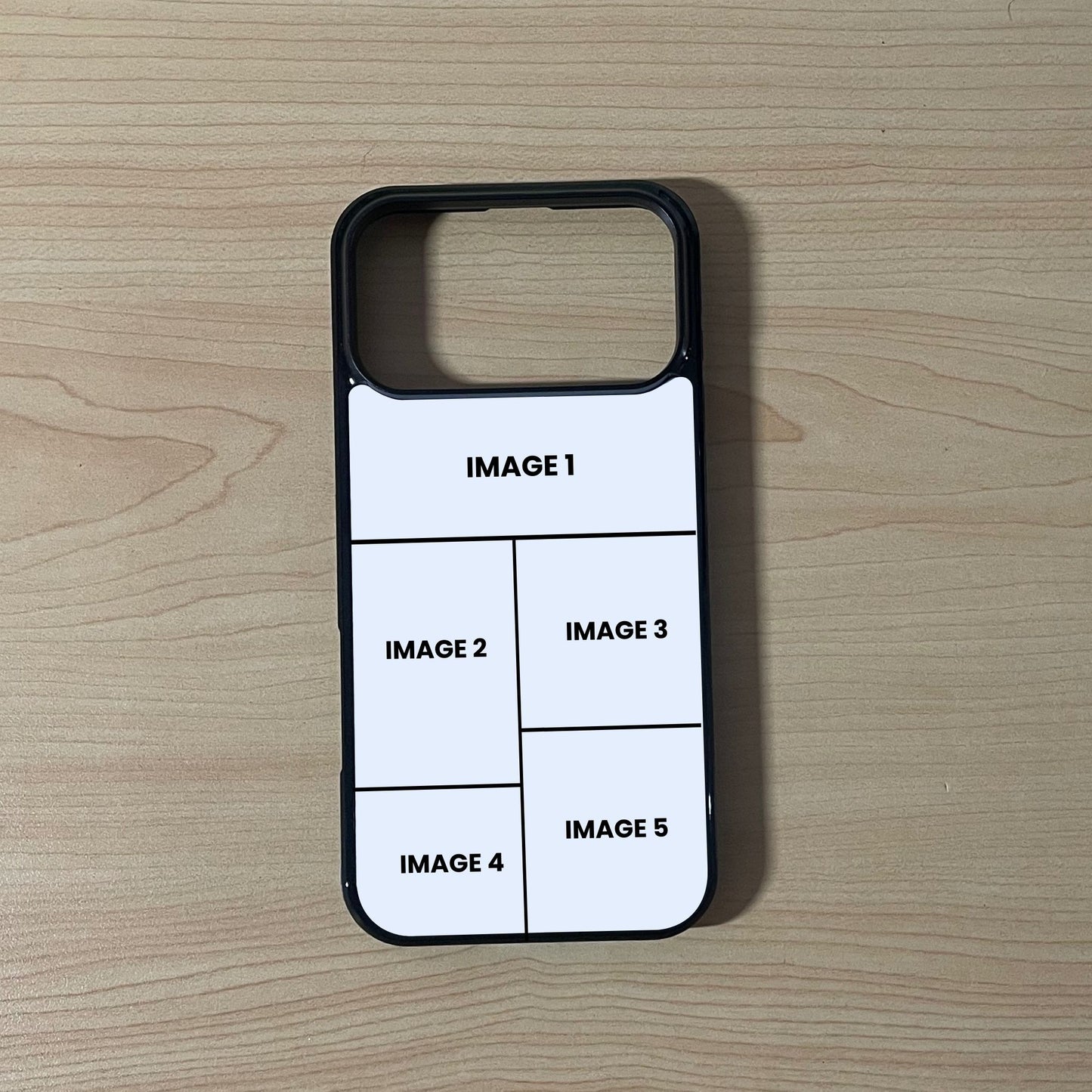 Custom phone case for the iPhone 17 Pro and 17 Pro Max showing 5 photo collage photo placement on a wooden surface.