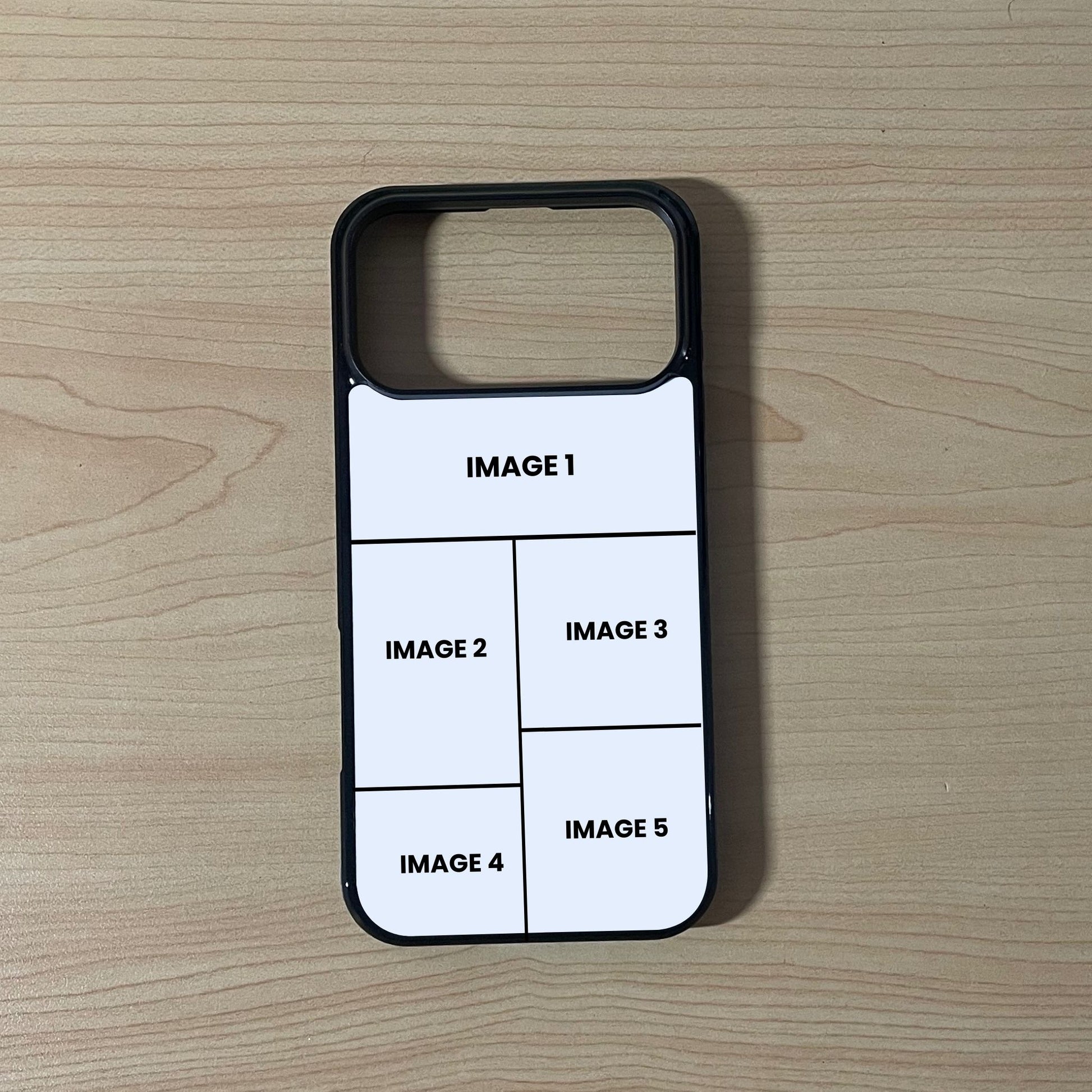 Custom phone case for the iPhone 17 Pro and 17 Pro Max showing 5 photo collage photo placement on a wooden surface.