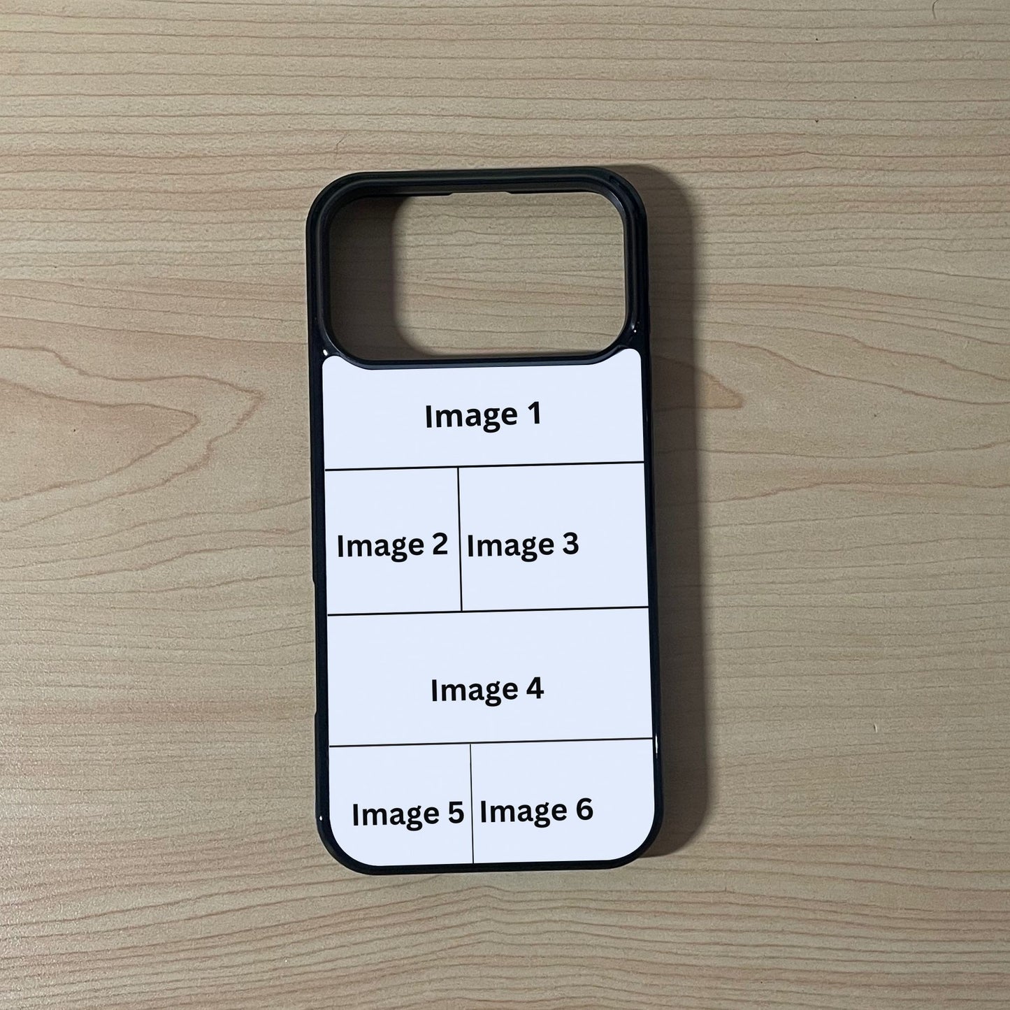 Custom phone case for the iPhone 17 Pro and 17 Pro Max showing 6 photo collage photo placement on a wooden surface.