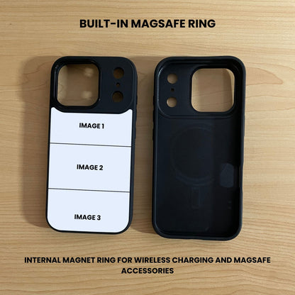 Two custom iPhone 17 Pro and 17 Pro Max cases, one showing customizing of 3 photo collage placements, and one showing a built-in MagSafe ring on a wooden surface.