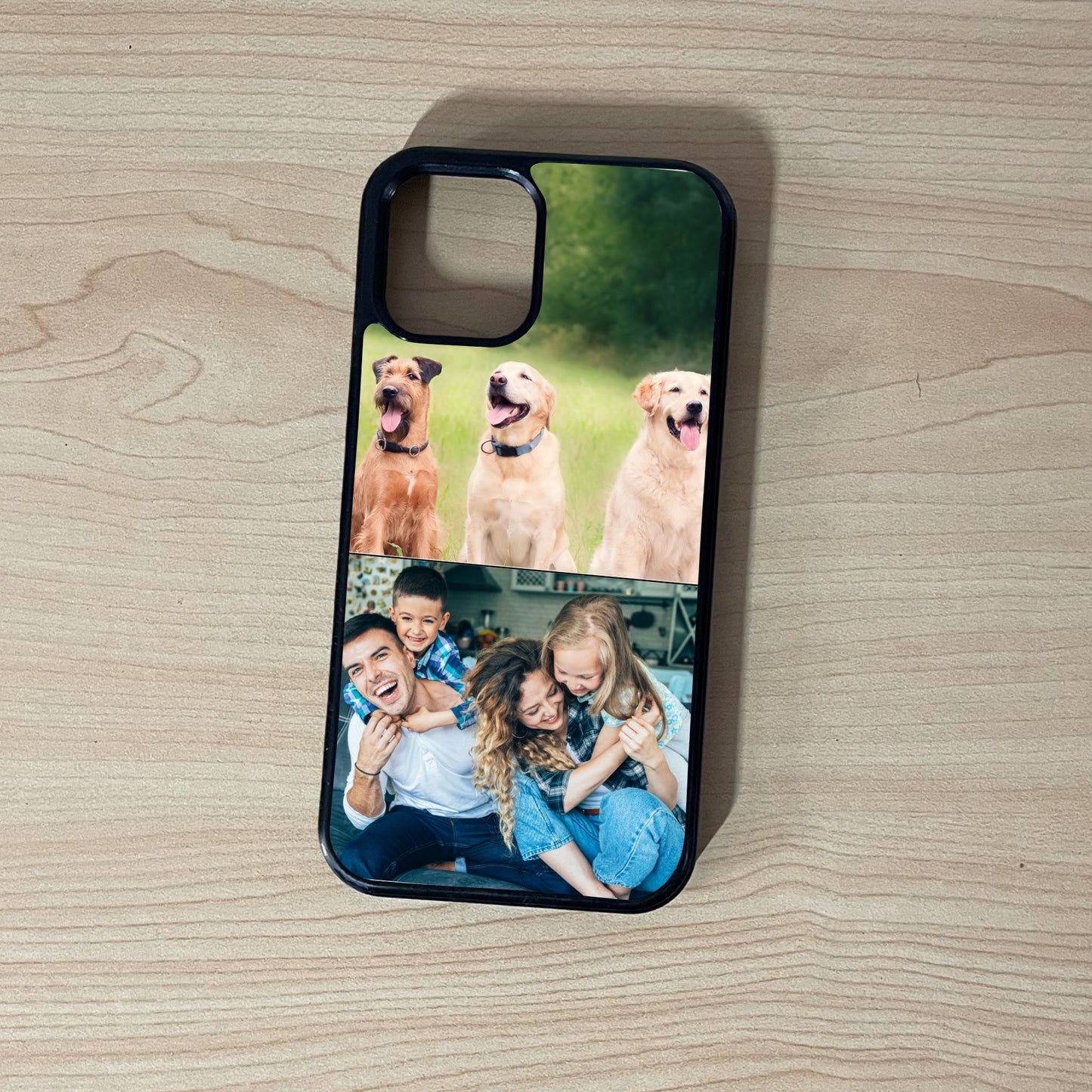 Custom phone case for the iPhone showing 2 photo collage photo of dogs and family on a wooden surface.