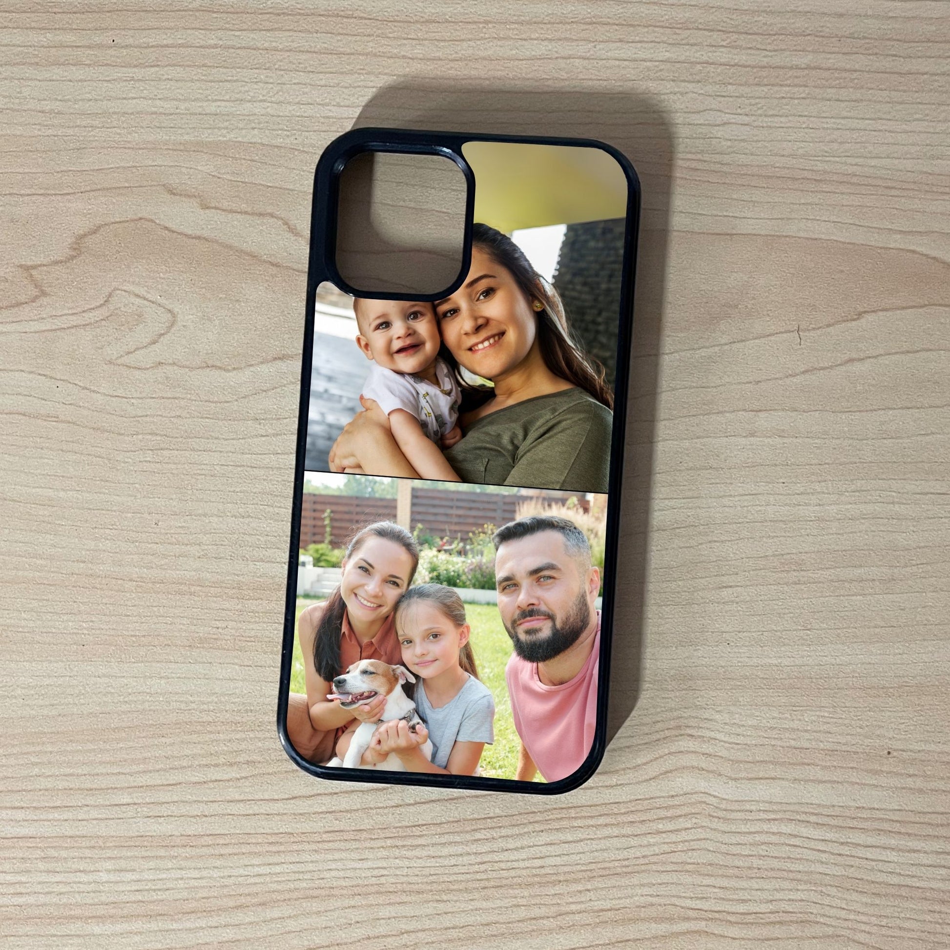 Custom phone case for the iPhone showing 2 photo collage photo of family moments on a wooden surface.
