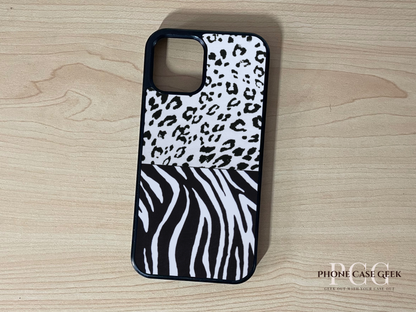 Custom iPhone case with 2 photo collage of black and white animal print pattern on a wooden surface