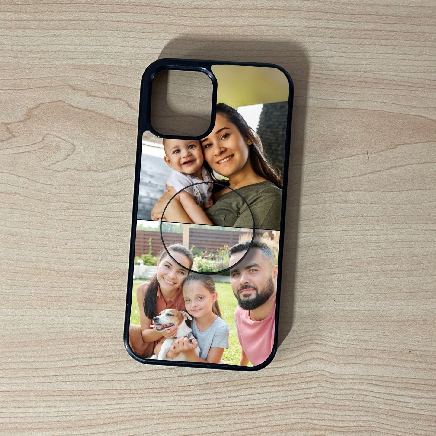 Custom iPhone case with 2 photo family collage design with matching adhesive phone grip on a wooden surface.