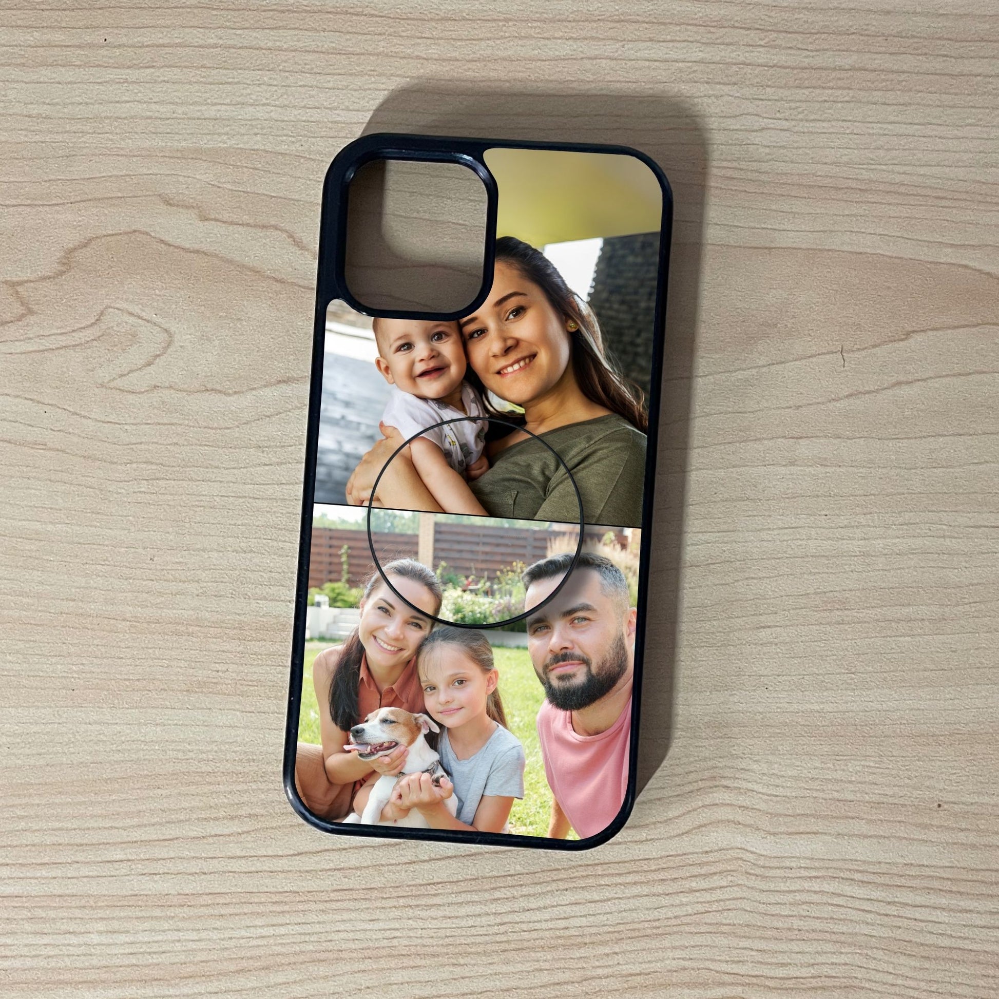 Custom iPhone case with 2 photo family collage design with matching adhesive phone grip on a wooden surface.