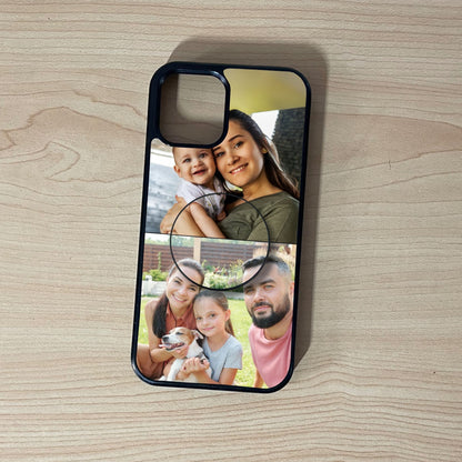 Custom iPhone case with 2 photo family collage design with matching adhesive phone grip on a wooden surface.