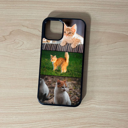 Custom phone case for the iPhone showing 3 photo collage photo of fun cat moments on a wooden surface.