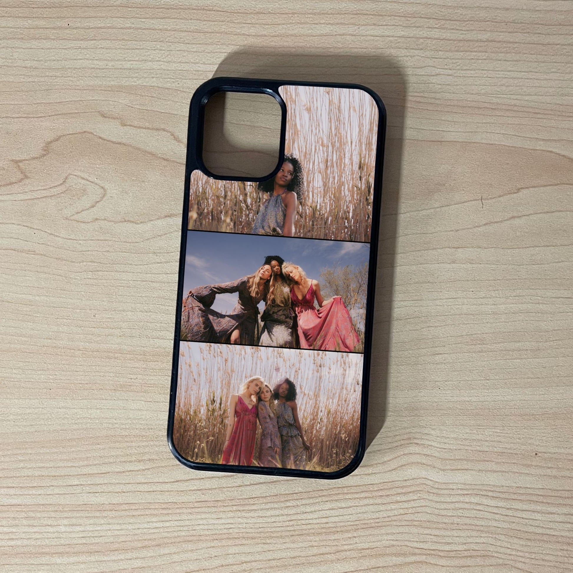 Phone case with collage of people in a field on a wooden surface