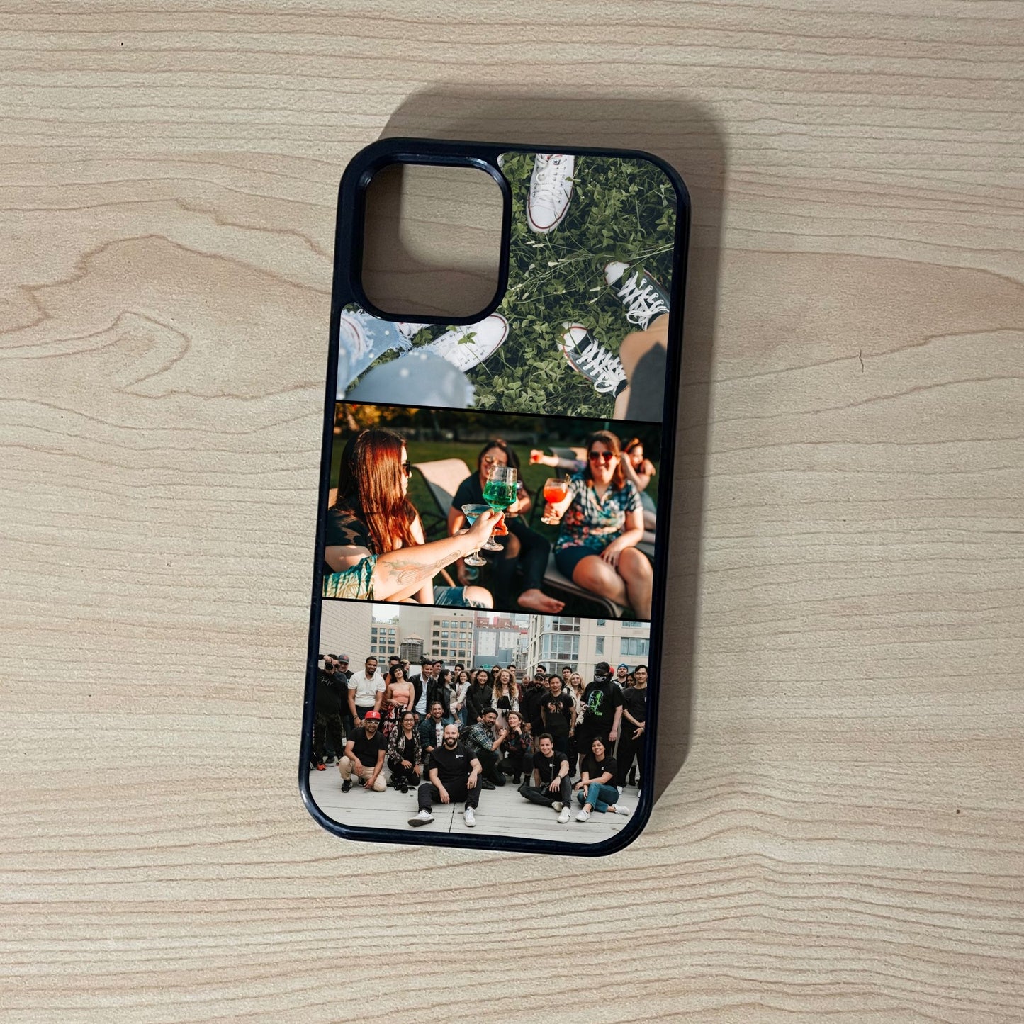 Custom iPhone case with collage of friend group photos on a wooden surface