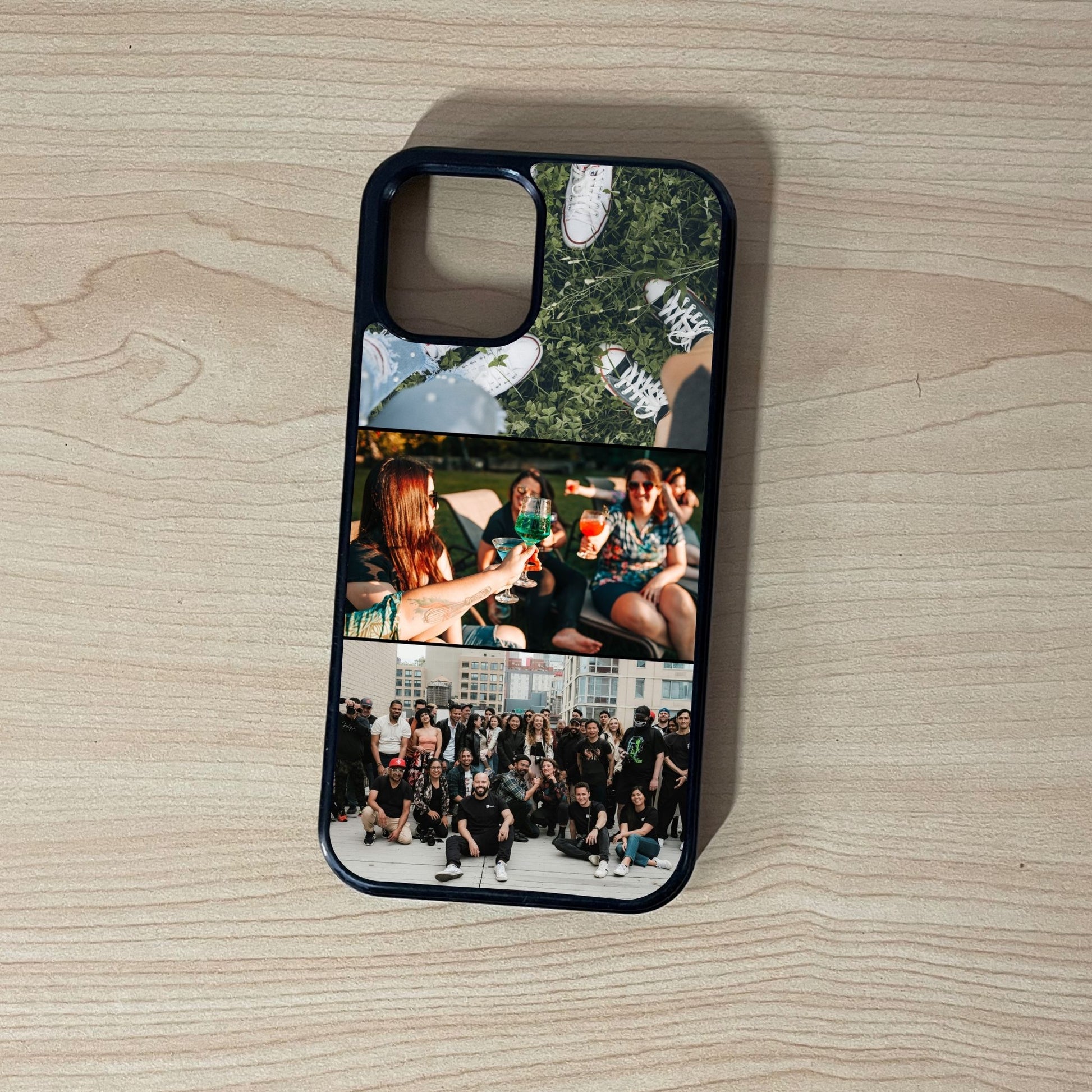 Custom iPhone case with collage of friend group photos on a wooden surface