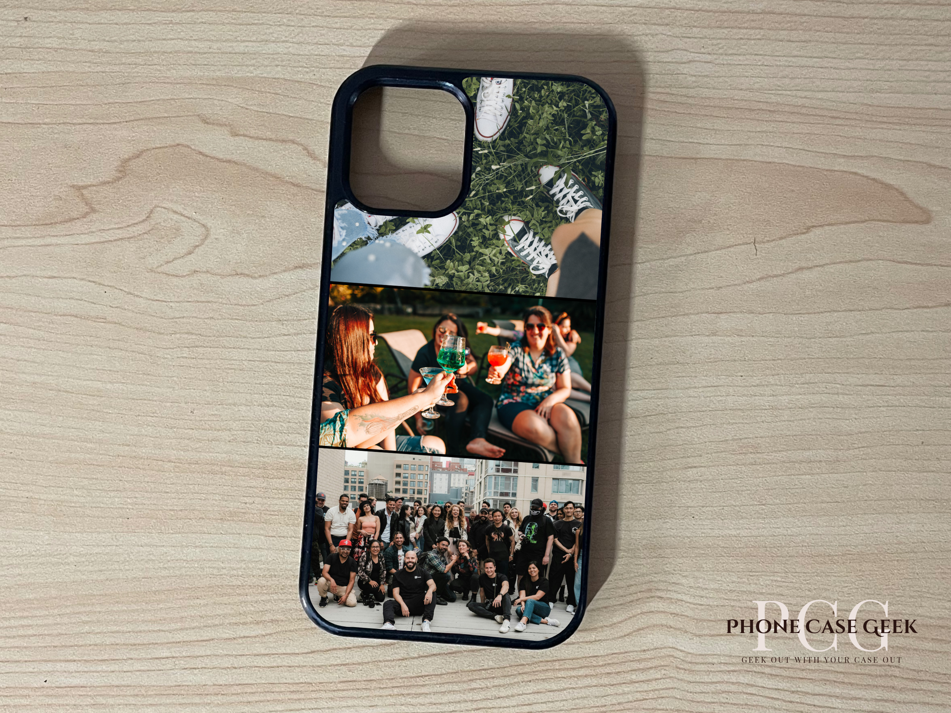 Custom iPhone case with collage of friend group photos on a wooden surface