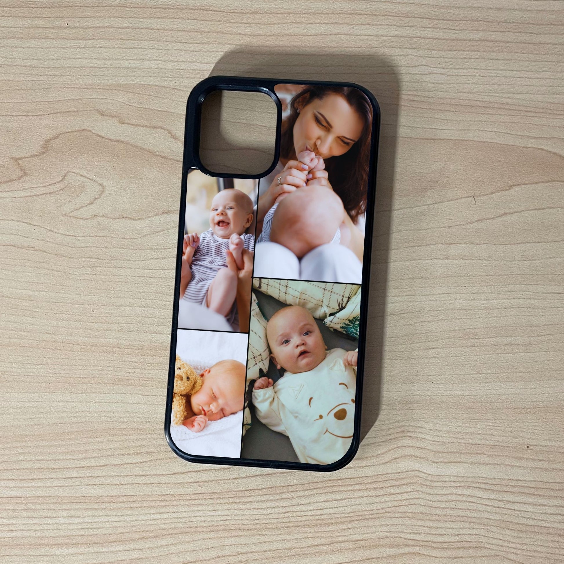 Custom phone case for the iPhone showing 4 photo collage photo of baby moments on a wooden surface.