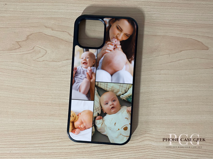 Custom phone case for the iPhone showing 4 photo collage photo of baby moments on a wooden surface.