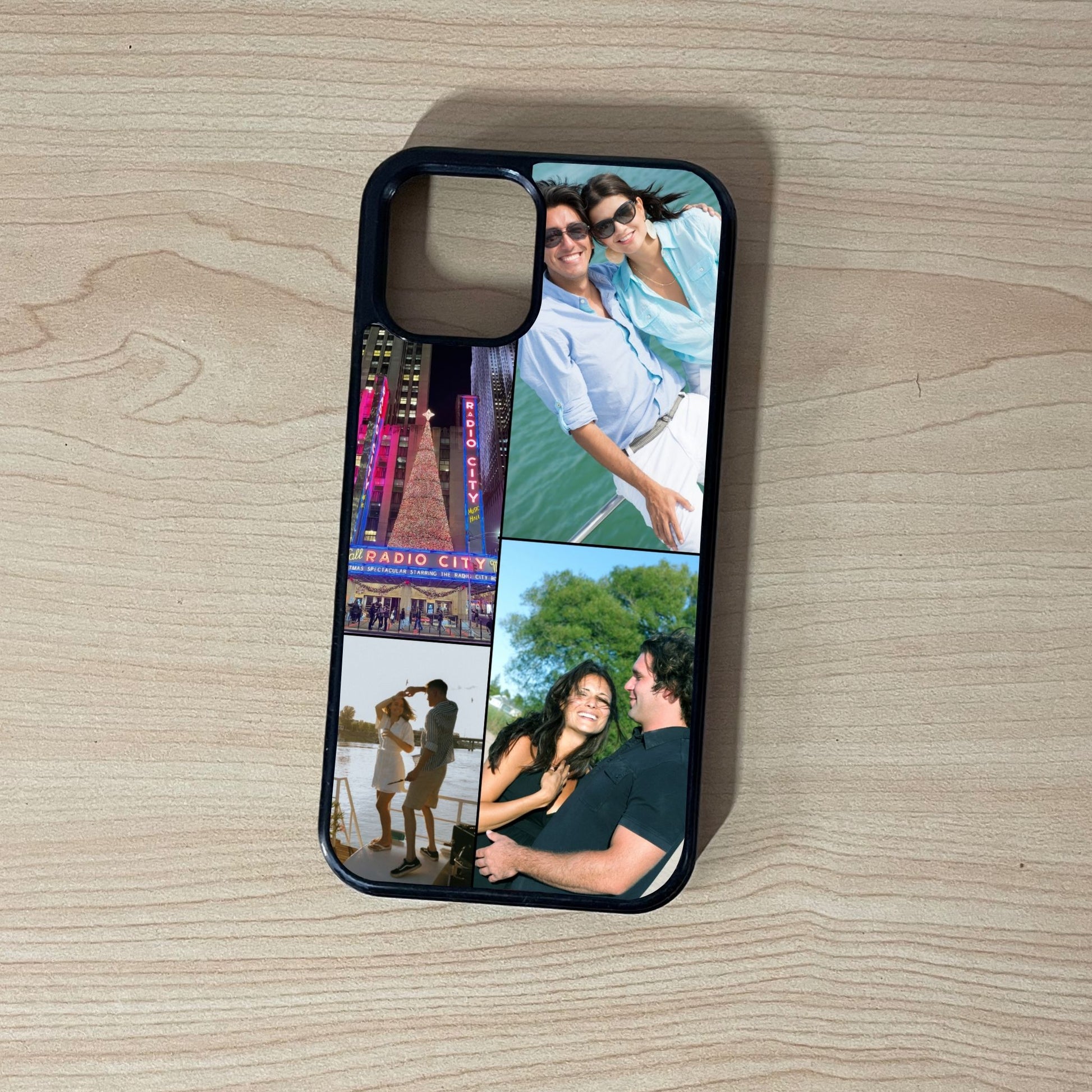 Custom phone case for the iPhone showing 4 photo collage photo of family moments on a wooden surface.