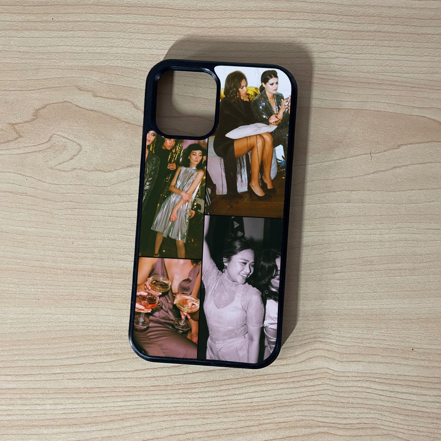 Custom phone case for the iPhone showing 4 photo collage photo of friends moments on a wooden surface.