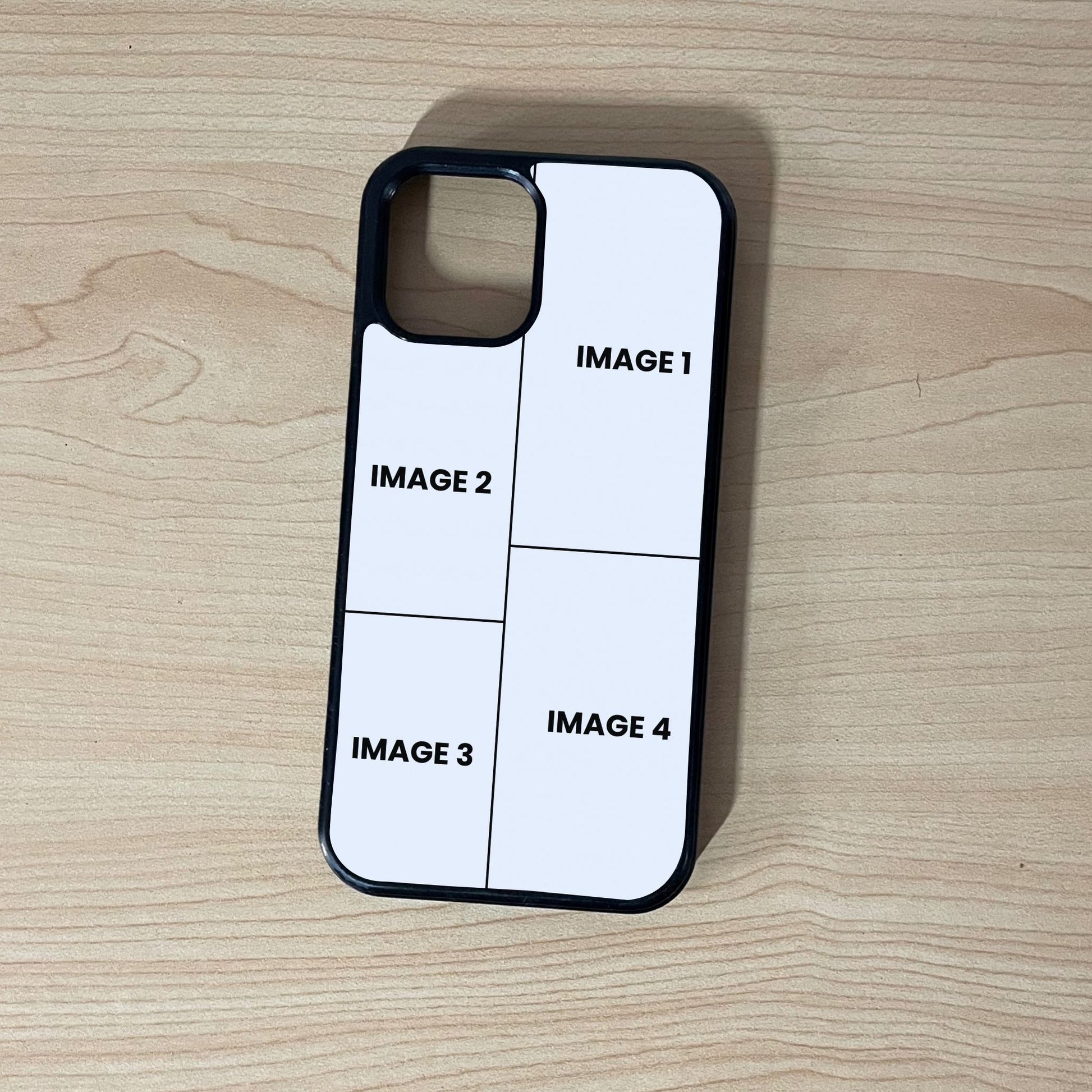 Custom iPhone case showing 4 photo collage photo placement on a wooden surface.