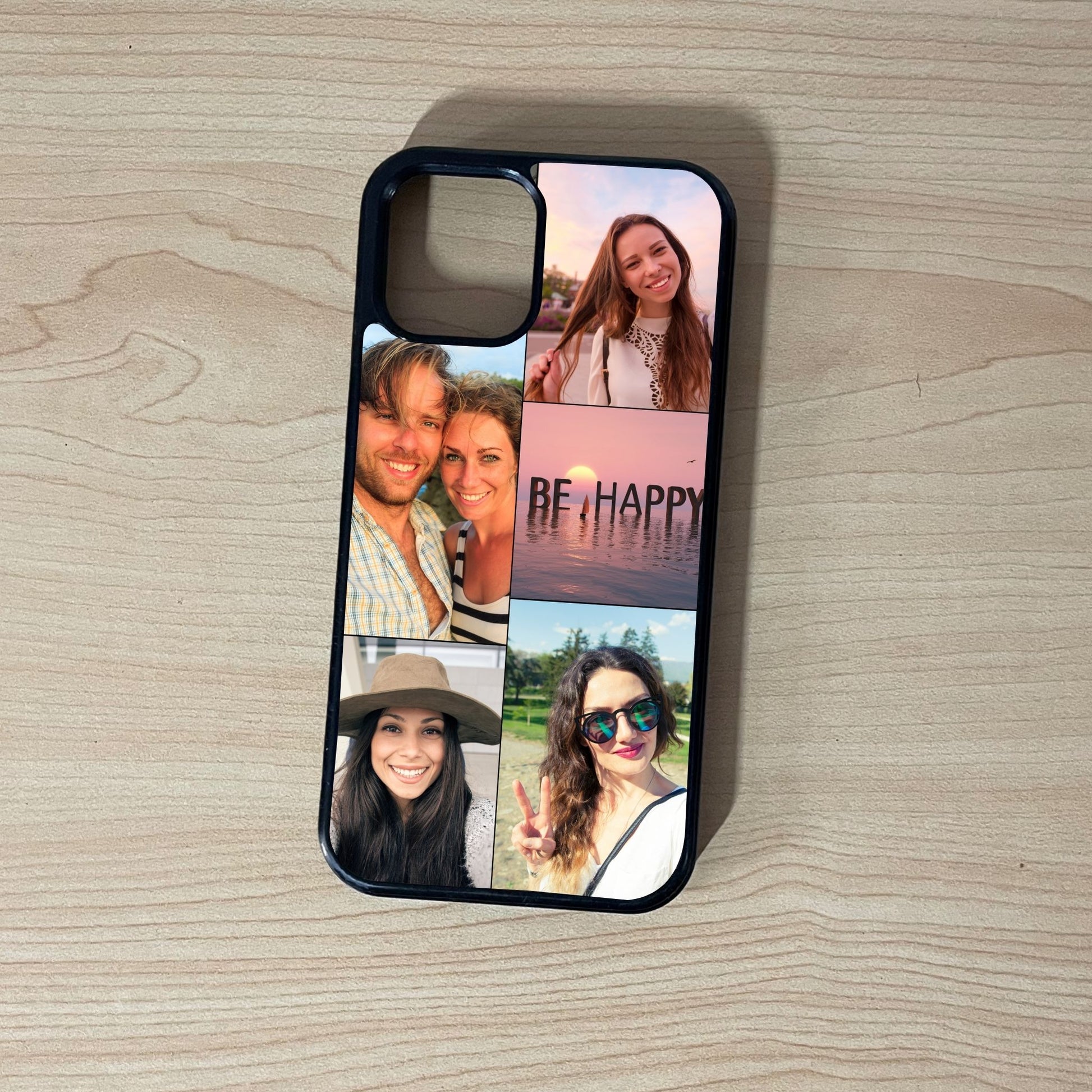 Custom phone case for the iPhone showing 5 photo collage photo of couple moments on a wooden surface.
