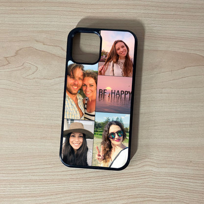 Custom phone case for the iPhone showing 5 photo collage photo of couple moments on a wooden surface.