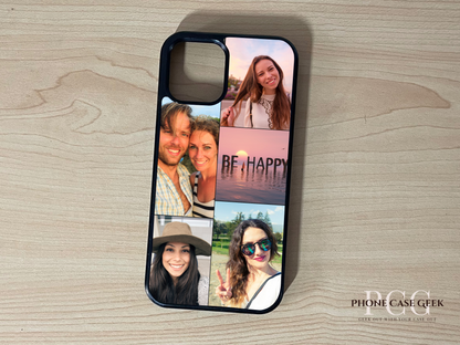 Custom phone case for the iPhone showing 5 photo collage photo of couple moments on a wooden surface.
