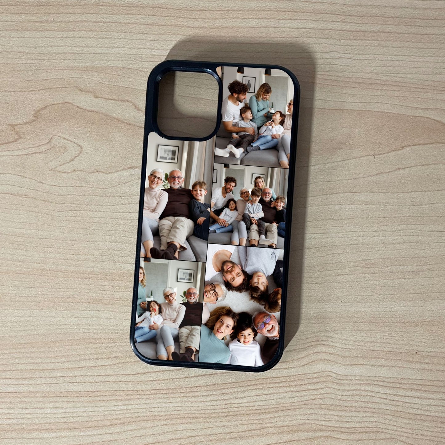 Custom phone case for the iPhone showing 5 photo collage photo of family moments on a wooden surface.