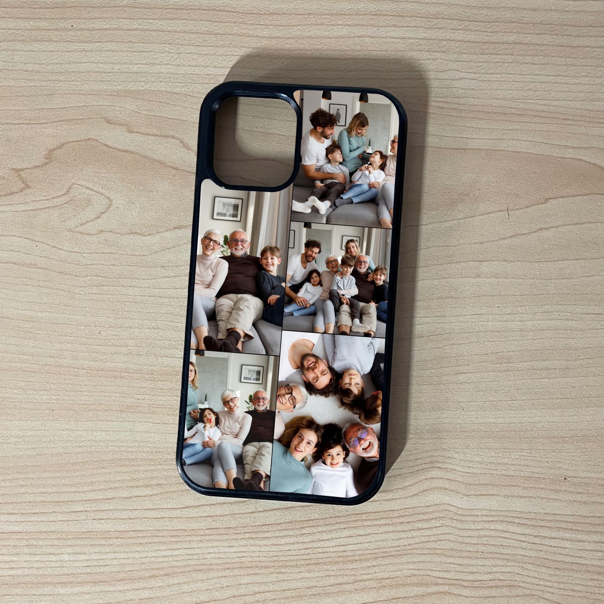 Custom phone case for the iPhone showing 5 photo collage photo of family moments on a wooden surface.
