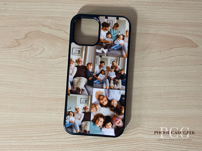 Custom phone case for the iPhone showing 5 photo collage photo of family moments on a wooden surface.