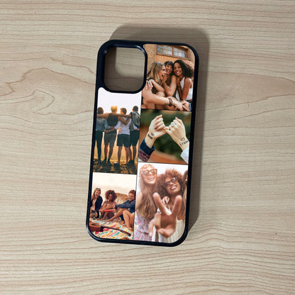 Custom phone case for the iPhone showing 5 photo collage photo of friend group moments on a wooden surface.