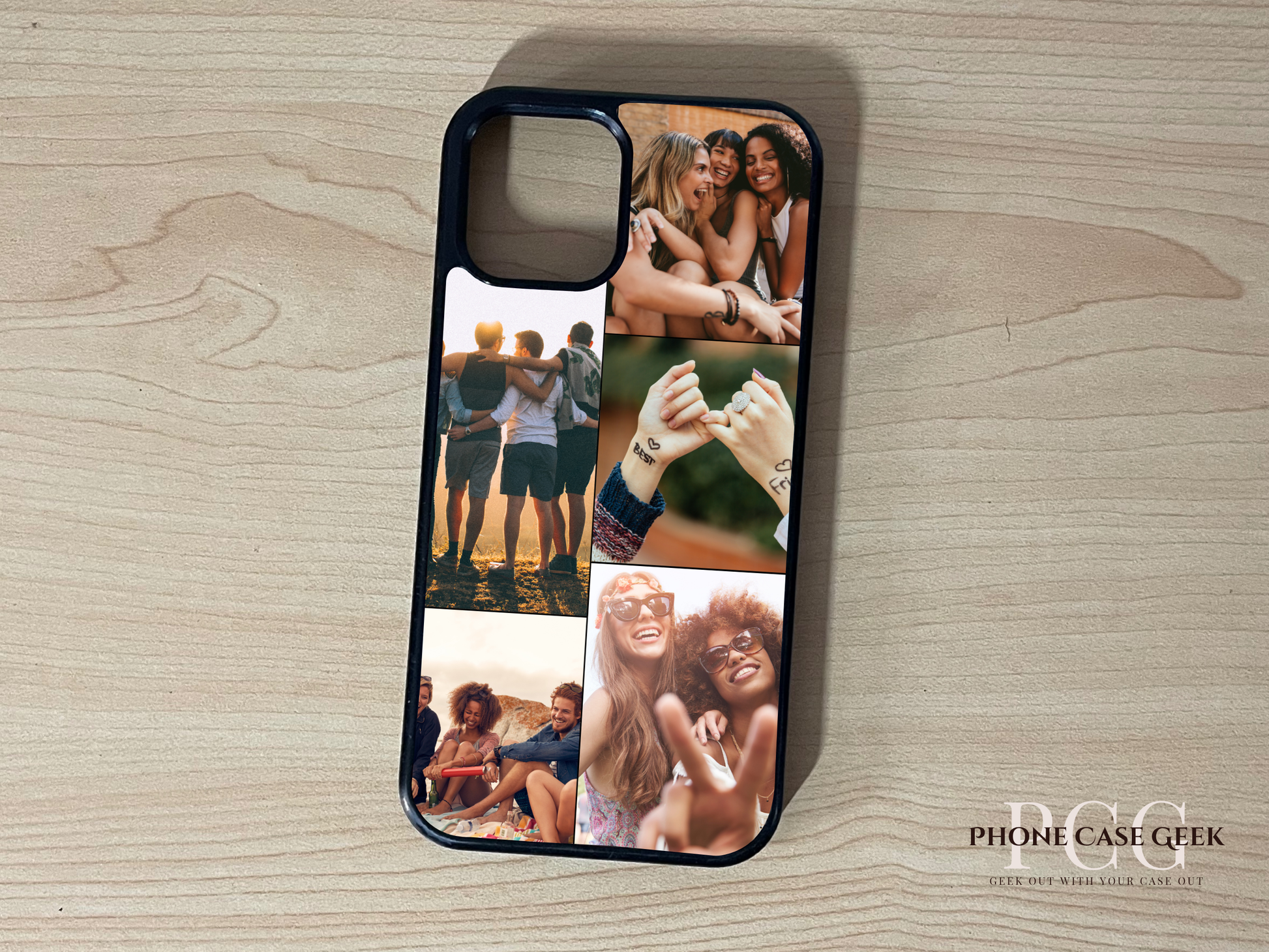 Custom phone case for the iPhone showing 5 photo collage photo of friend group moments on a wooden surface.