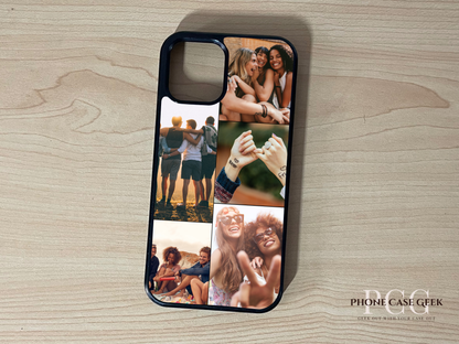 Custom phone case for the iPhone showing 5 photo collage photo of friend group moments on a wooden surface.