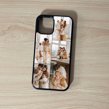 Custom phone case for the iPhone showing 5 photo collage photo of family moments on a wooden surface.