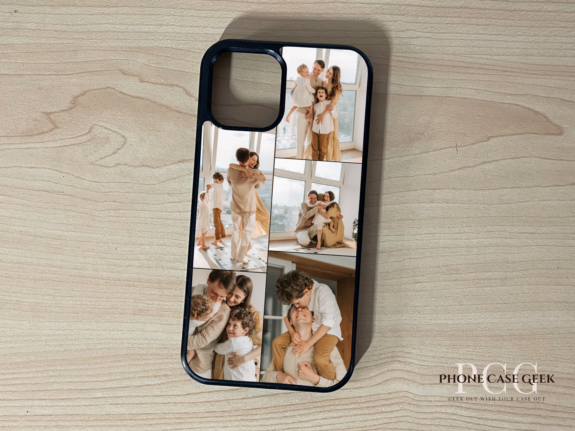 Custom phone case for the iPhone showing 5 photo collage photo of family moments on a wooden surface.