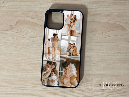 Custom phone case for the iPhone showing 5 photo collage photo of family moments on a wooden surface.
