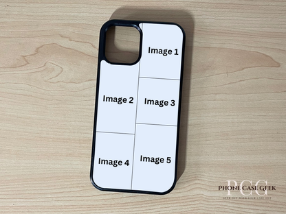Custom phone case for the iPhone showing 5 photo collage photo placement on a wooden surface.