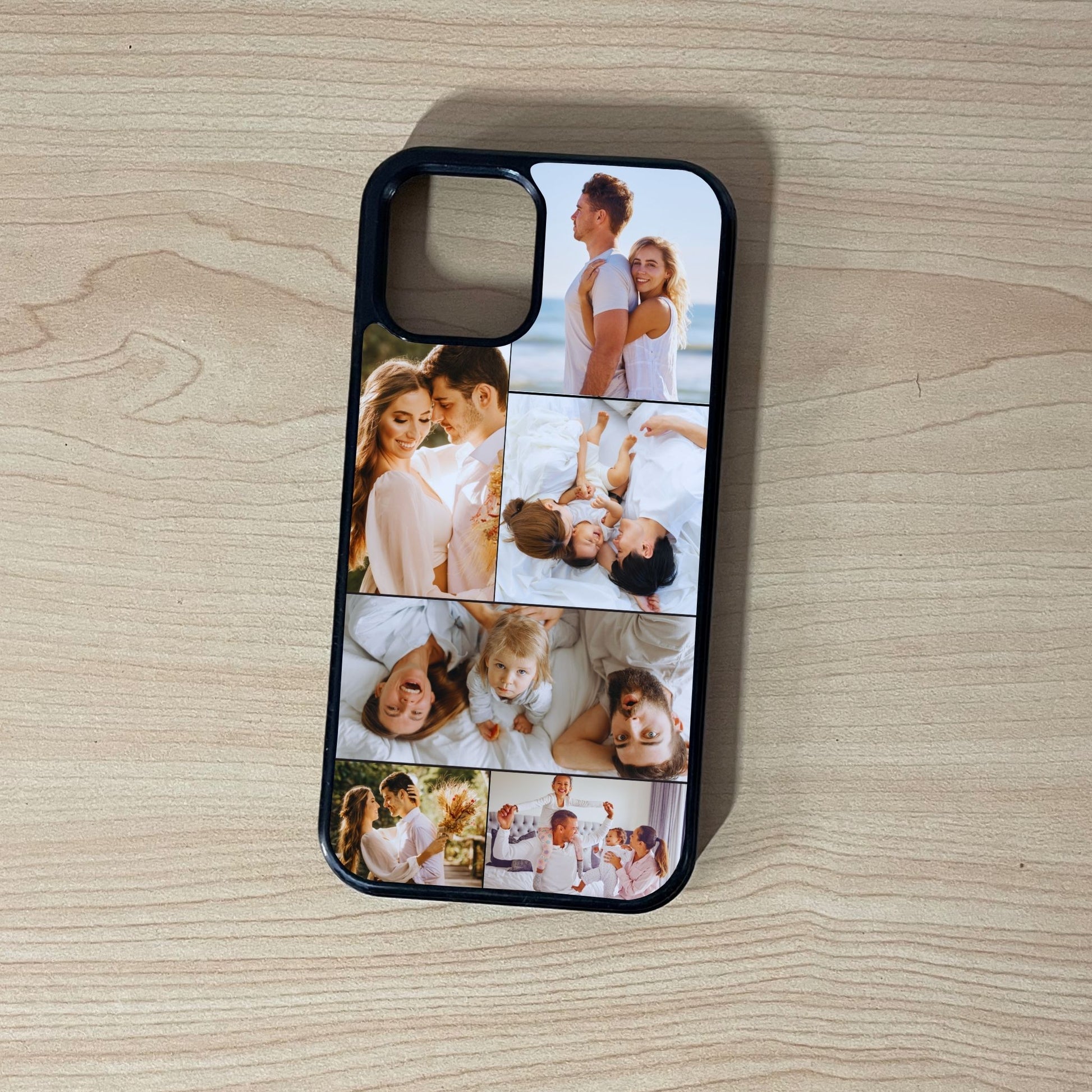 Custom phone case for the iPhone showing 6 photo collage photo of family moments on a wooden surface.