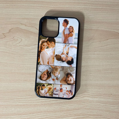 Custom phone case for the iPhone showing 6 photo collage photo of family moments on a wooden surface.