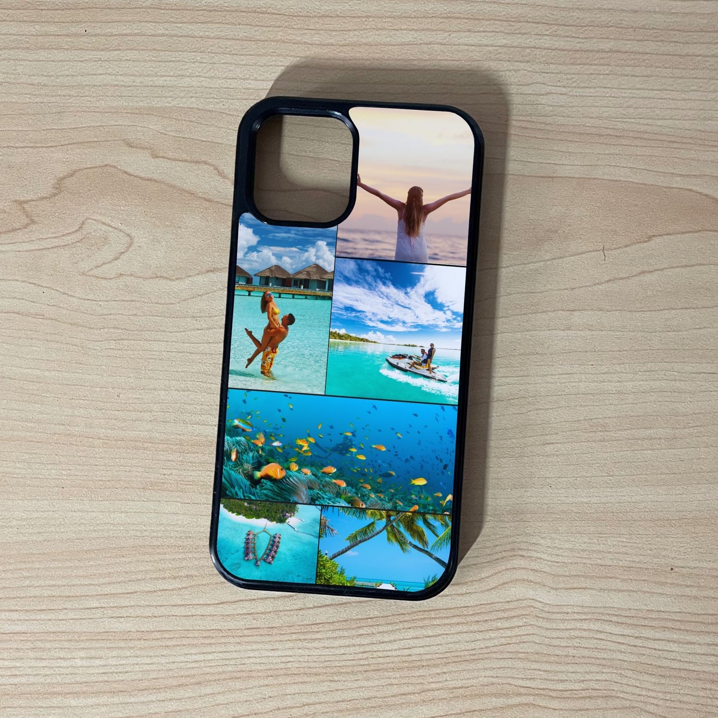 Custom phone case for the iPhone showing 6 photo collage photo of couple vacation moments on a wooden surface.