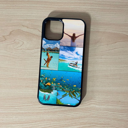 Custom phone case for the iPhone showing 6 photo collage photo of couple vacation moments on a wooden surface.