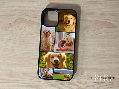 Custom phone case for the iPhone showing 6 photo collage photo of family moments on a wooden surface.